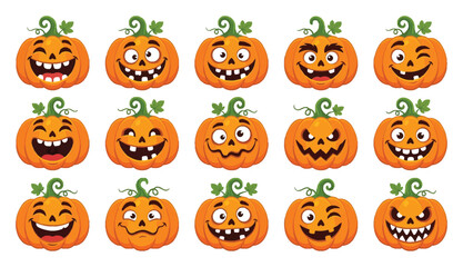 Fototapeta premium Collection of cartoon jackolanterns with various happy and spooky faces vector illustration