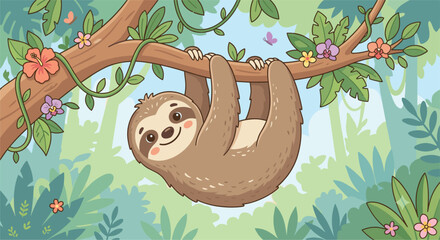 Fototapeta premium Cute Sloth Hanging on Tree Branch in Tropical Jungle with Flowers and Butterfly Vector Illustration