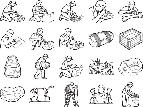 A set of line drawings illustrates the process of archeological excavation, depicting scientists carefully uncovering and preserving ancient artifacts and fossils.