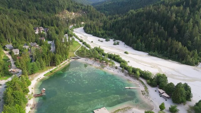 Jasna Lake to Triglav Peaks Aerial Reveal, Julian Alps Slovenia