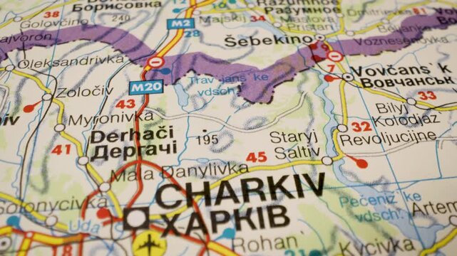 Gliding view over map showing the distance from Kharkiv, Ukraine to Belgorod, Russia