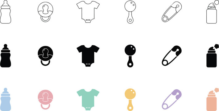 Baby care icon set with feeding bottle pacifier bodysuit rattle safety pin and powder bottle