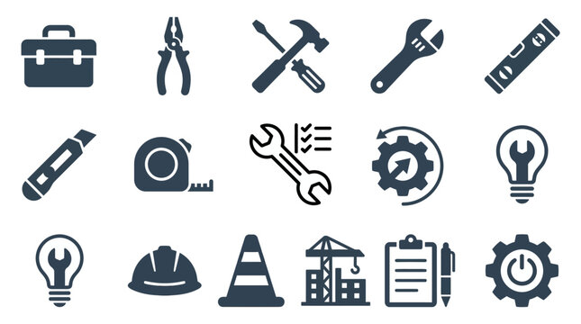 Industrial Tool Icons Set Monochromatic Blue Gray Illustrations of Construction Repair and Workshop Tools