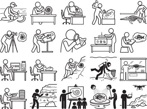 A collection of line art icons depicting paleontological research, from field excavation to laboratory analysis and museum display, illustrating the scientific process of fossil discovery and study.