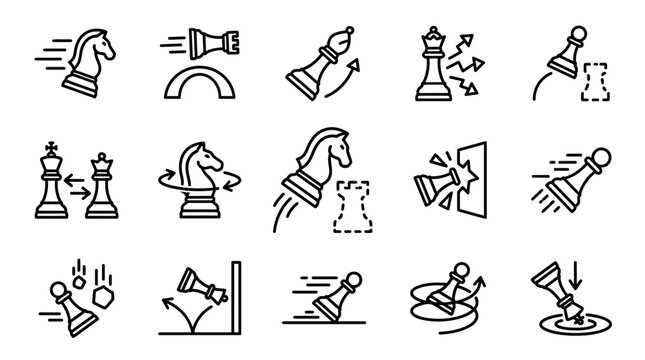 Minimalist Black and White Chess Piece Icons Showing Various Chess Moves and Tactics with high quality professional line art symbols for modern creative design and digital branding projects