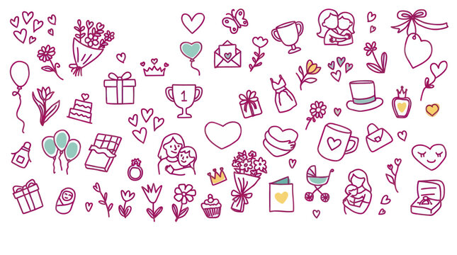 Hand drawn doodle set of various items for mothers day and celebrations.