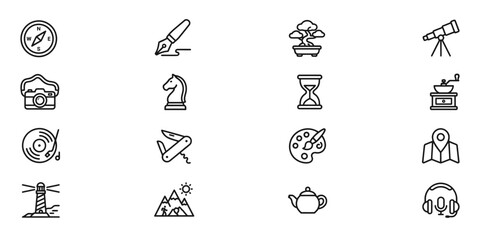 Fototapeta premium Hobby and Leisure Line Icon Set with Art, Travel, Music, Astronomy and Creative Activities