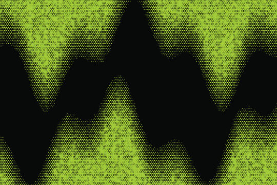Lime green halftone dot pattern with wavy organic shapes on a solid black background, dots neon