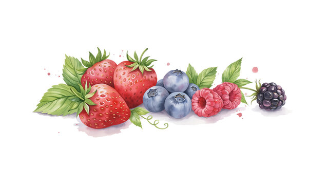 Watercolor berries set hand drawn illustration blueberry strawberry cherry raspberry fresh berry