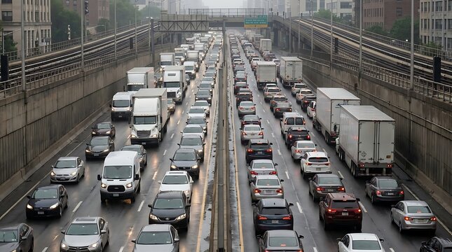 Overhead perspective of a bustling multi-lane highway in a major metropolitan area, demonstrating severe traffic congestion during a busy commute