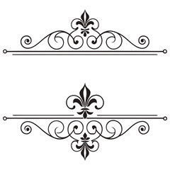 Elegant black fleur de lis frames with decorative swirls, flourish scrolls and circular accents, royal heraldic ornament isolated on white background. © MST. JANNATUL