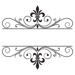 Black silhouette of elegant fleur de lis frames with decorative swirls and flourish scrolls, royal heraldic ornament isolated on white background. © MST. JANNATUL