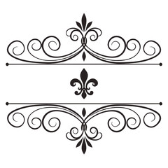 Black silhouette of elegant floral frames with fleur de lis element, decorative calligraphic lines, swirls, and flourish scrolls on white background. © MST. JANNATUL