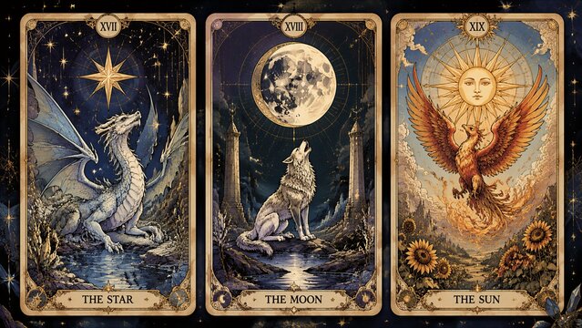 Three tarot cards are displayed. The first card shows a dragon, the second shows a wolf, and the third shows a sun. Each card has distinct imagery and messages for interpretation.