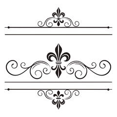 Ornate flourish divider with fleur de lis and decorative scrolls, vintage frame for text, elegant header and footer elements. © MST. JANNATUL