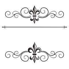 Elegant vintage ornament with fleur de lis symbol and decorative swirls frame header and footer design element. © MST. JANNATUL