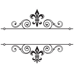 Elaborate vintage frame with central fleur de lis, decorative swirls, and horizontal lines, elegant divider for text. © MST. JANNATUL