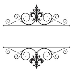 Elegant floral border dividers with ornate flourishes and fleur de lis symbols in black ink line art style for wedding invitations or sophisticated document page frames for vintage stationery design. © MST. JANNATUL
