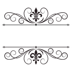Decorative header and footer line dividers with symmetrical flourishes and fleur de lis embellishments designed for sophisticated document framing or elegant wedding stationery graphic assets set. © MST. JANNATUL