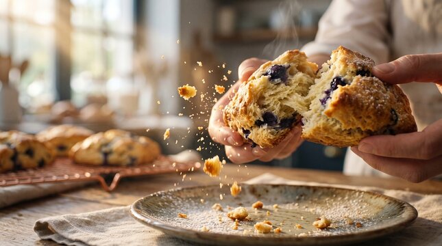 Freshly baked blueberry scone breaking apart in warm sunlight