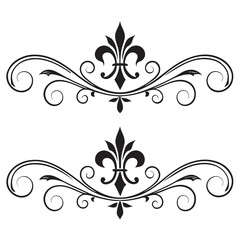 Elegant fleur de lis ornament set black decorative dividers with swirling scrolls and royal motifs vector collection for graphic design projects isolated on white backdrop luxury style elements. © MST. JANNATUL