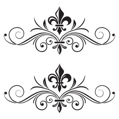 Detailed royal heraldry ornaments with fleur de lis lily symbols ornamental flourishes for vintage inspired layouts classic black scrollwork dividers for sophisticated invitation materials. © MST. JANNATUL