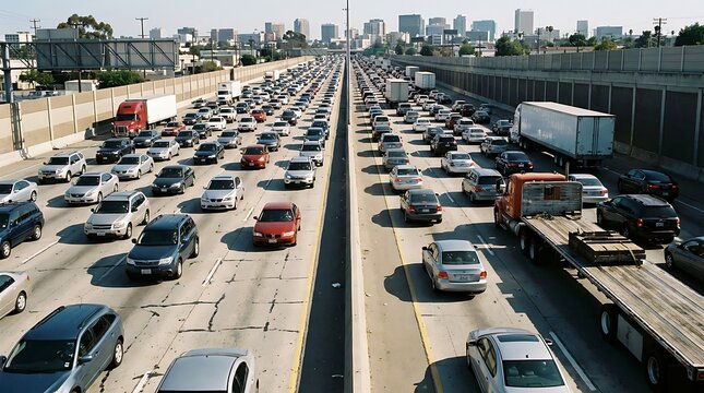 Heavy traffic on a multi-lane urban freeway stretching towards a distant city skyline, illustrating the daily commute challenges and demands on modern transportation infrastructure