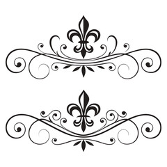 Decorative fleur de lis horizontal dividers collection for premium stationery design ornate black swirl elements vintage flourish borders elegant victorian style ornaments for page layout. © MST. JANNATUL