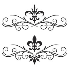 Set of elegant fleur de lis divider vectors for luxury certificate design classic victorian decorative swirl borders vintage black graphic ornaments page breaks with ornamental flourish lines. © MST. JANNATUL