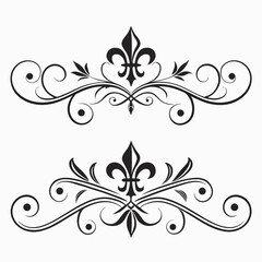 Pair of identical ornate royal fleur de lis flourishes decorative scrollwork elements, vintage black and white vector design for elegant accents and borders. © MST. JANNATUL