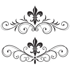 Pair of identical ornate royal fleur de lis flourishes decorative scrollwork elements, vintage black and white vector design for elegant accents and borders. © MST. JANNATUL
