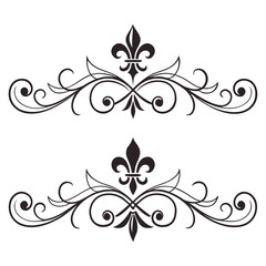 Pair of identical ornate royal fleur de lis flourishes decorative scrollwork elements, vintage black and white vector design for elegant accents and borders. © MST. JANNATUL