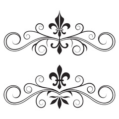 Vintage heraldic lily flourish dividers set for elegant document layout ornate black swirl borders decorative filigree elements classic victorian page decorations for invitation design needs. © MST. JANNATUL