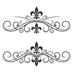 Decorative flourishes with fleur de lis symbol vector set. classic ornamental design element. elegant royal illustration. vintage filigree ornaments. © MST. JANNATUL