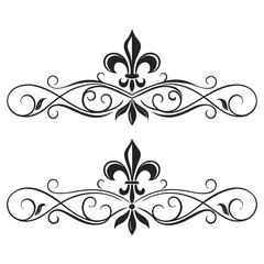 Vintage scroll ornaments collection with fleur de lis symbol and sophisticated flourish design elements for artistic paper stationery frames luxury border embellishments wedding invitation graphics. © MST. JANNATUL