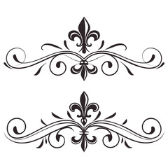 Ornate fleur de lis border collection with detailed scrollwork and vintage floral filigree for luxury stationery and heraldic emblem design featuring black silhouette lily symbols and swirls. © MST. JANNATUL
