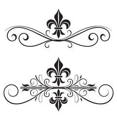 Sophisticated set of decorative fleur de lis scrollwork dividers for vintage border designs and elegant paper stationery embellishments used in professional creative branding artistic typography. © MST. JANNATUL