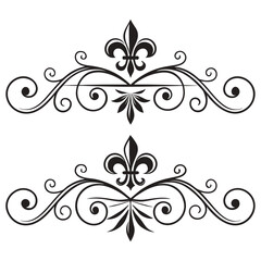 Set of elegant fleur de lis ornaments with decorative swirl patterns and floral elements for royal heraldry designs and classic victorian border embellishments used in luxury stationery invitations. © MST. JANNATUL