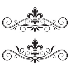 Vintage scroll ornaments collection with fleur de lis symbol and sophisticated flourish design elements for artistic paper stationery frames luxury border embellishments wedding invitation graphics. © MST. JANNATUL
