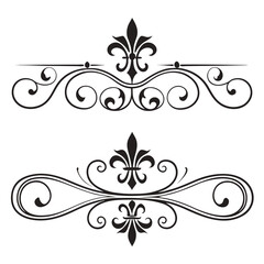Vintage scroll ornaments collection with fleur de lis symbol and sophisticated flourish design elements for artistic paper stationery frames luxury border embellishments wedding invitation graphics. © MST. JANNATUL