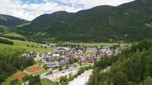 Kranjska Gora Alpine Town Panorama, Sunny Day with Clouds
