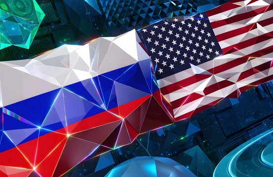 Russian and US flags low poly geometric art.