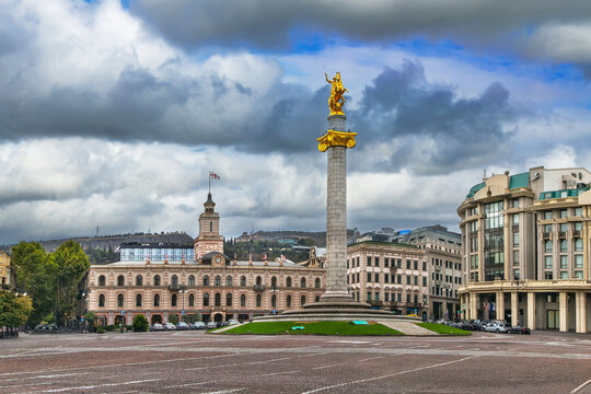 Tbilisi City Hall building on Freedom Square in Tbilisi Georgia. Overcast weather with partly cloudy sky