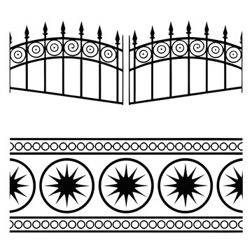 Black wrought iron gate with arched top and ornate scrollwork detail alongside decorative border with repeated circles and starburst motifs on white background.
