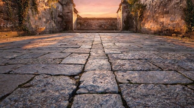 Ancient weathered stone courtyard featuring textured grey blocks under a vibrant orange sunset evening sky horizon