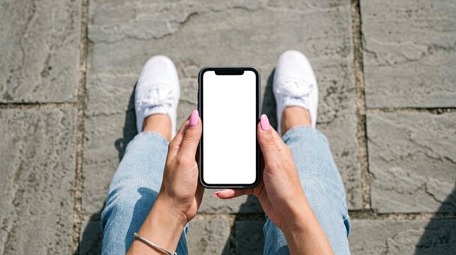 Modern phone mockup woman holding smartphone with blank screen for app or website display