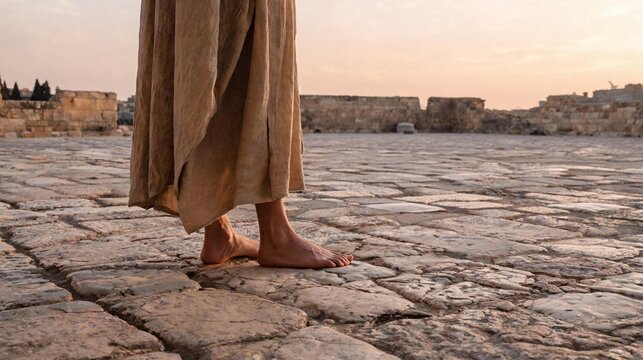 Bare feet of a person wearing a flowing rustic robe standing on ancient stone floor tiles