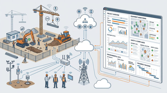 Construction site technology and data management system illustration.