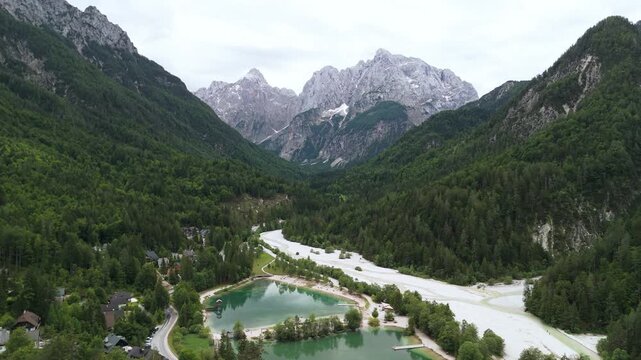 Jasna Lake and Triglav Aerial Zoom Out, Overcast Mountain Day