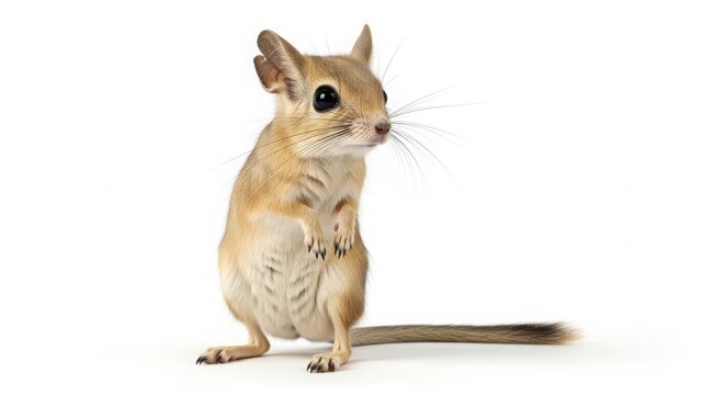 Cute small jerboa desert animal standing on hind legs with wildlife creature standing isolated background